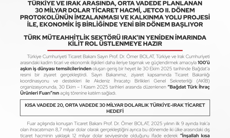 Ticaret Bakanı Bolat’tan Irak’la 30 Milyar Hedefi