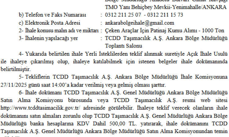 TCDD, 1000 Ton Patinaj Kumu İhalesi Açıyor!