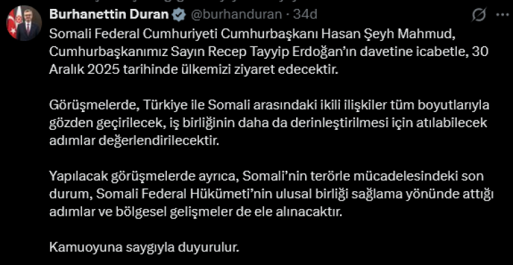 Somali Cumhurbaşkanı Türkiye’ye Resmi Ziyaret Yapacak